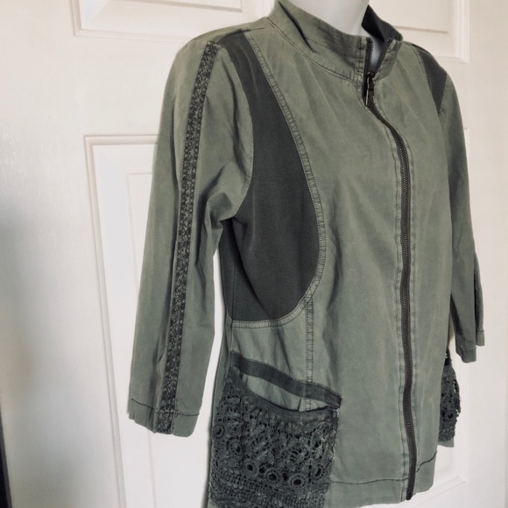 XCVI Mixed-Media Sage Green Crochet Utility Jacket Size Medium